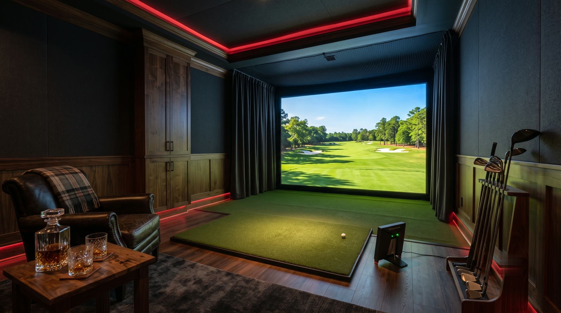 Home golf simulator room with a large screen