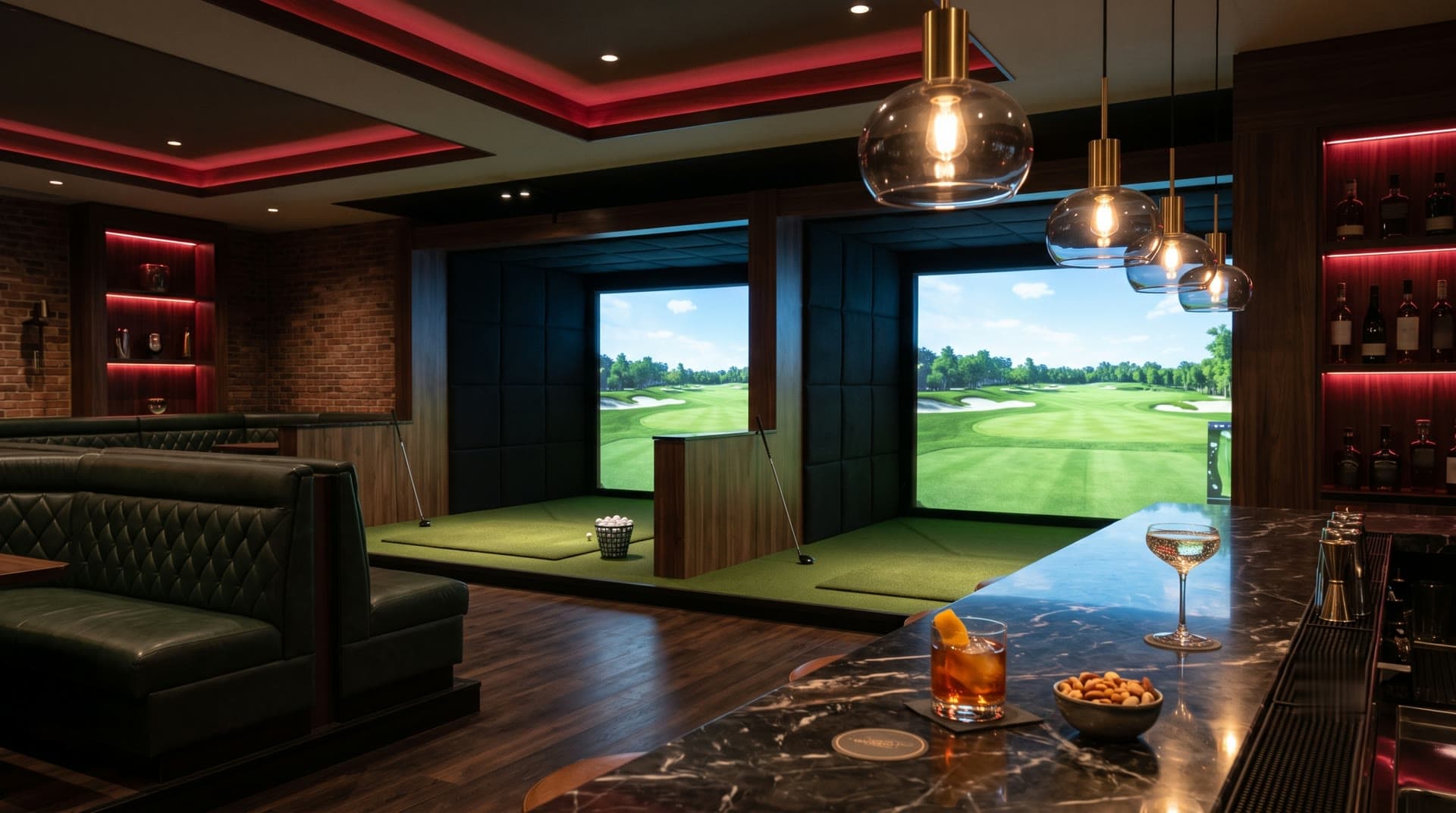 Dual golf simulator bays in an upscale bar lounge with marble bar and cocktails