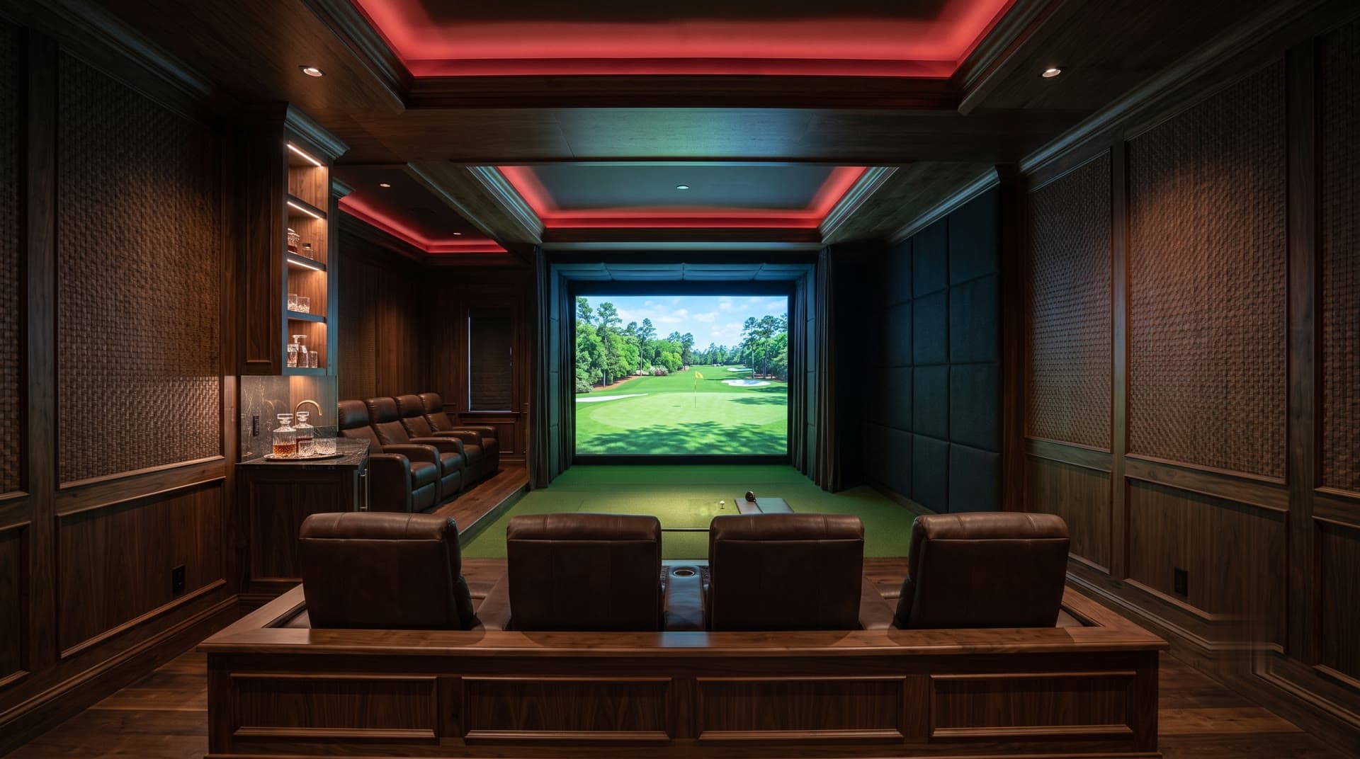 Dedicated golf simulator suite with walnut paneling, theater seating, and red accent lighting